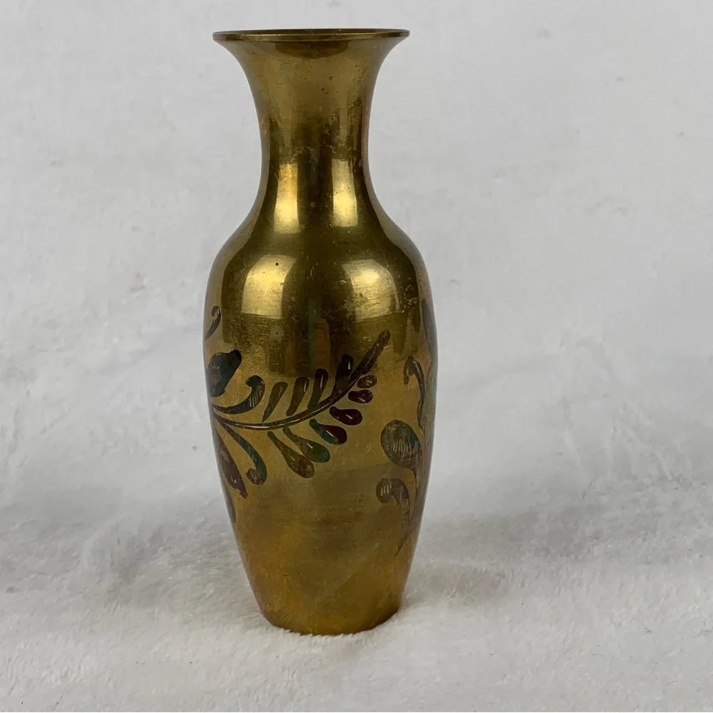 Vintage Brass Bud Vase with‎ etched floral design 6 Inches Tall Original Patina